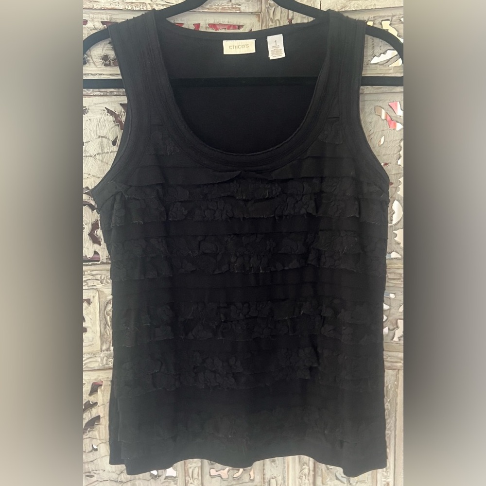 CHICO’S Sz 1 M 8 Black TIERED LAYERED KNIT sleeveless TANK TOP Lace Ruffled